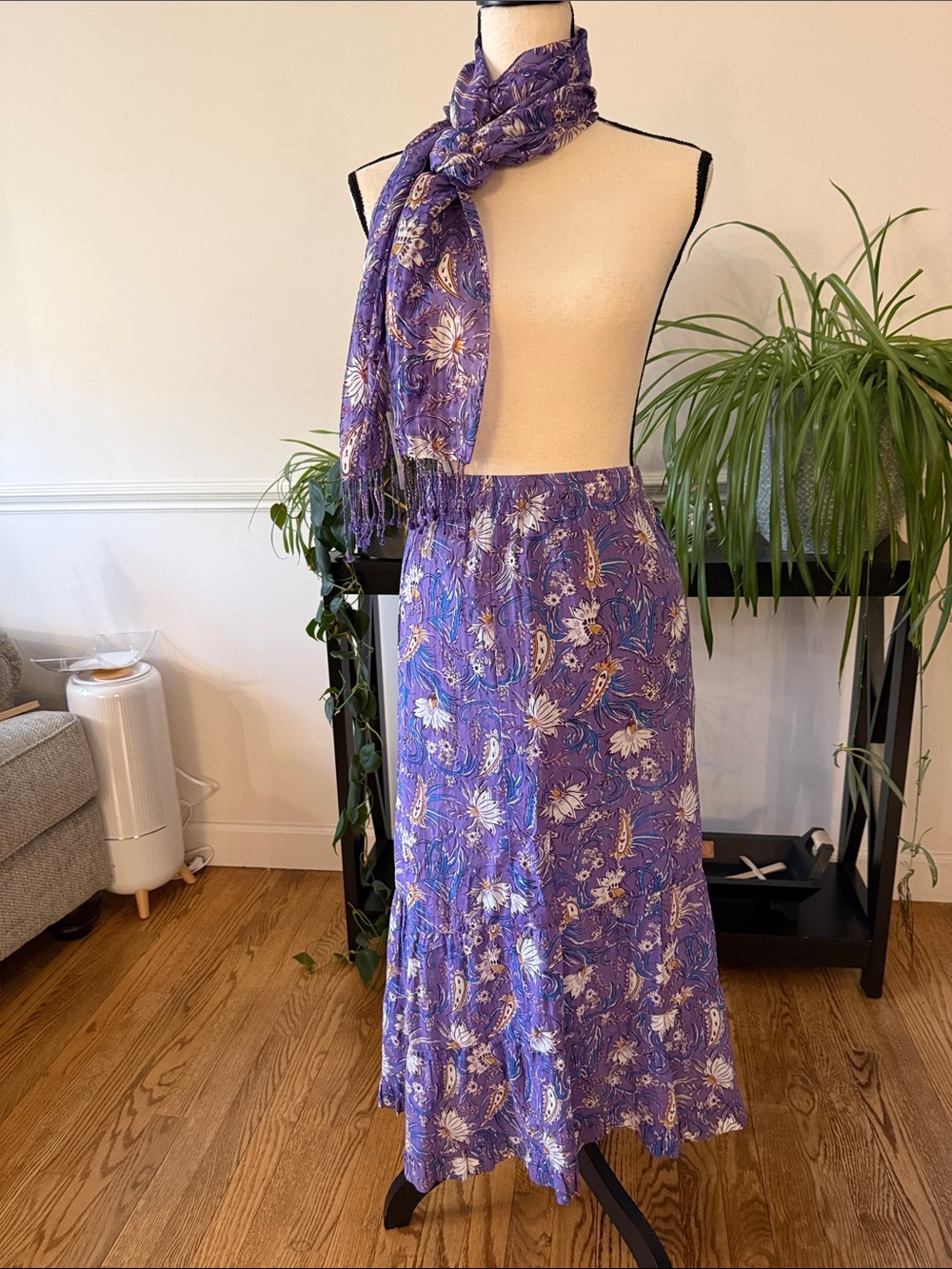 J. Jill Purple Floral Midi Skirt with Matching Scarf